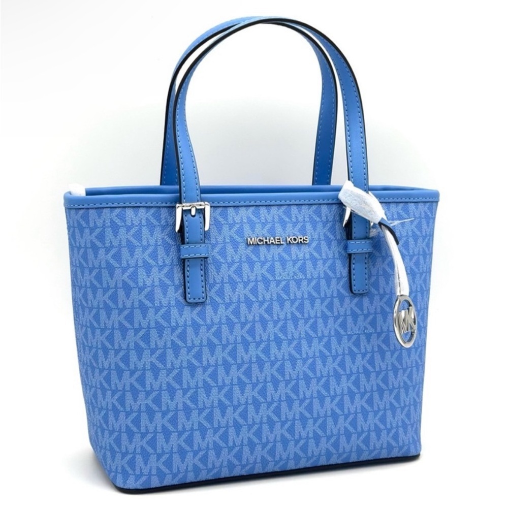 Michael Kors XS Jet Set Travel Top Zip Tote Bag Blue/Silver